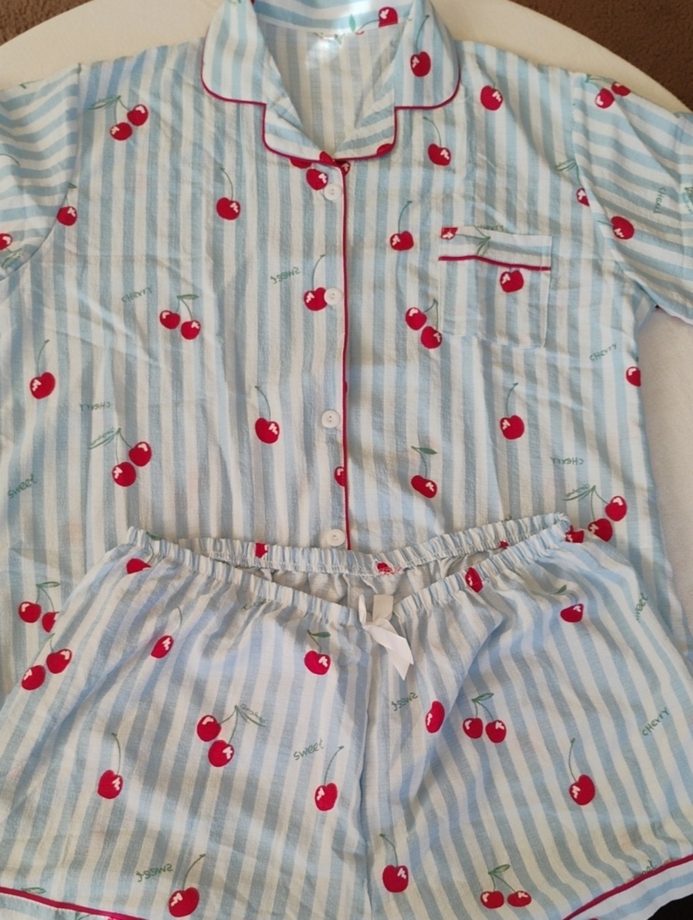Cherry Stripe Women's Short Pajama Set - Blue & Red Sz 2X Brand New